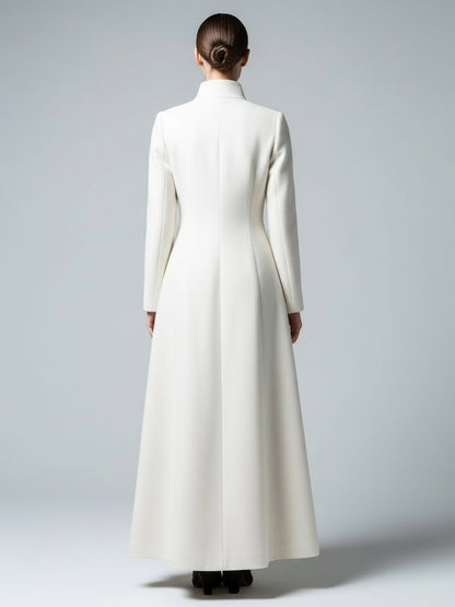 White Woolen Full-Length Coat With Stand Collar And A-Line Silhouette For Women 2026