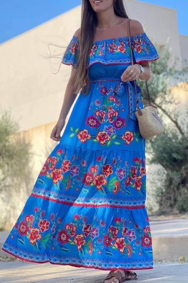 Off-shoulder printed long swing dress