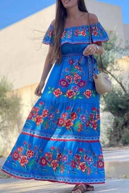 Off-shoulder printed long swing dress