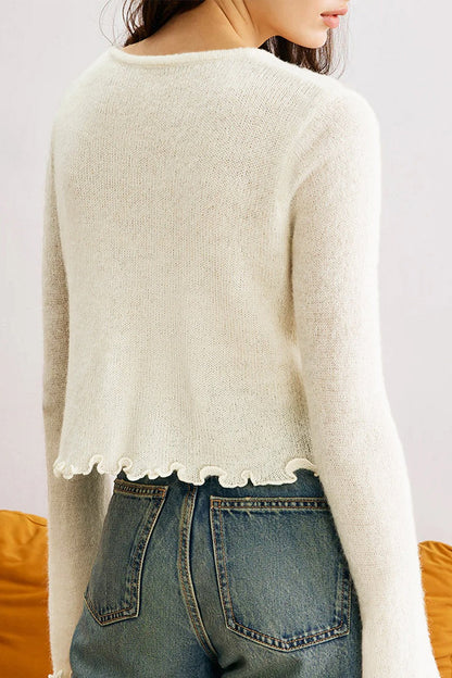 Slim-Fit 3D Floral Ruffled Pullover Knit Cardigan