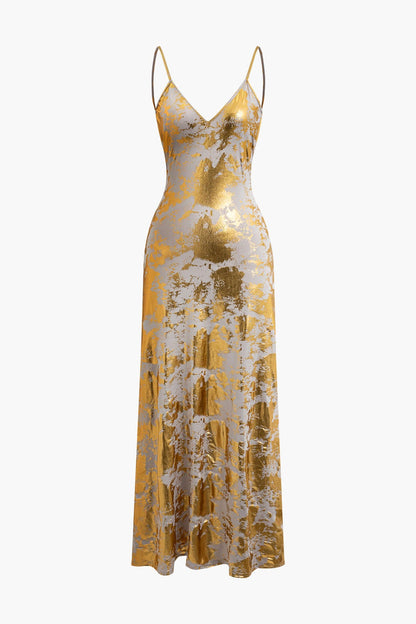 Julie Metallic Print Spaghetti Strap Maxi Dress