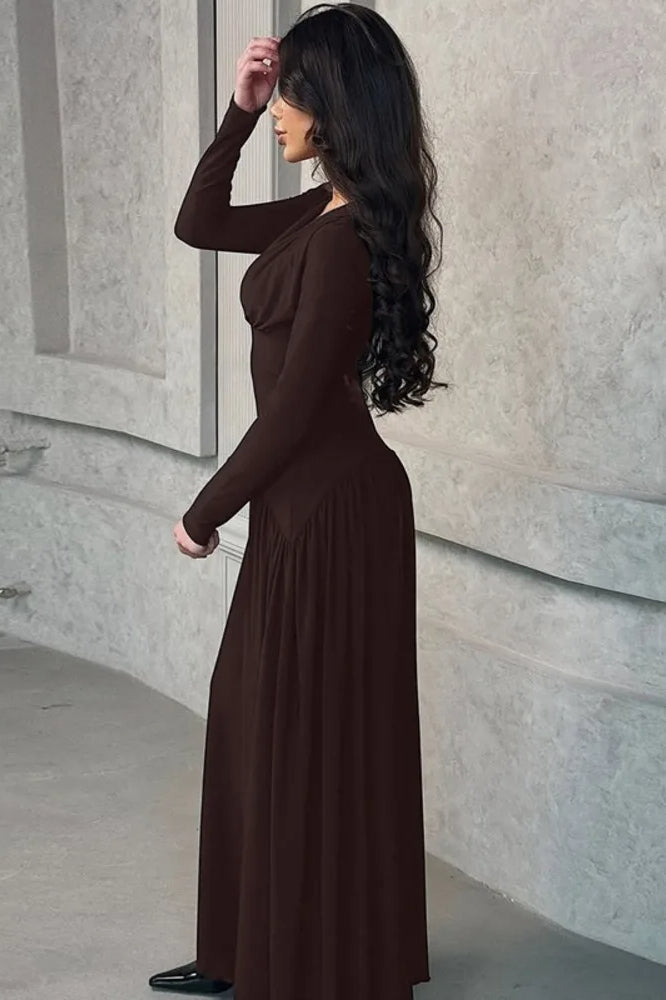 Surplice V-Neck Empire Waist Pleated Long Sleeve Maxi Dress