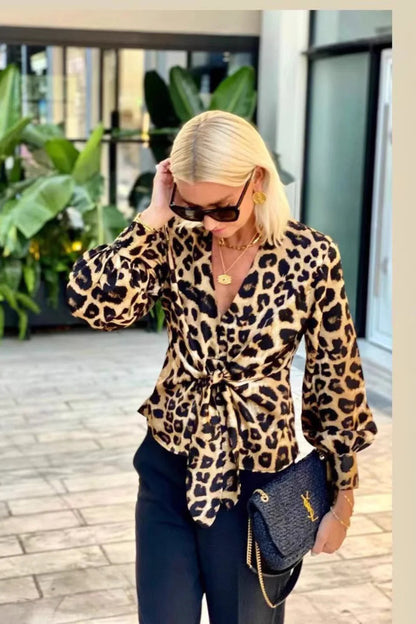 Leopard Print Tie Front V Neck Elegant Long Sleeve Blouse