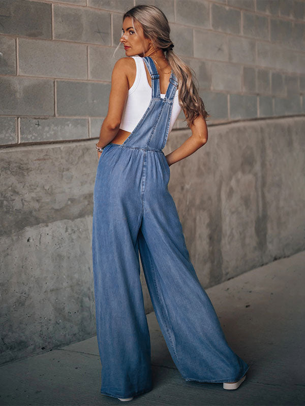 Deep Blue Sleeveless Buttons Convertible Denim Wide Summer Playsuit