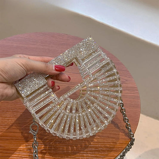 Half Moon Rhinestone Bling Basket Clutch Bag for Women