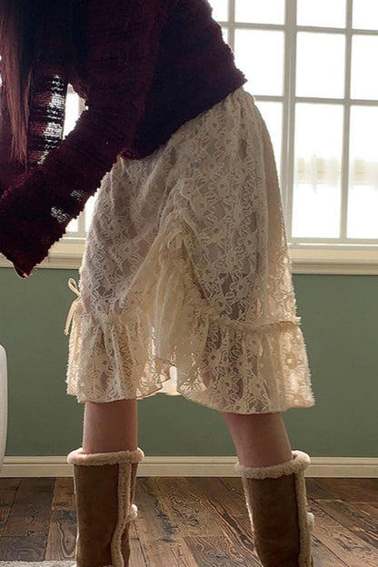 Ruched Lace Patchwork Midi Skirt