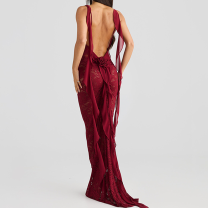 U neck flower applique lace backless cami maxi dress