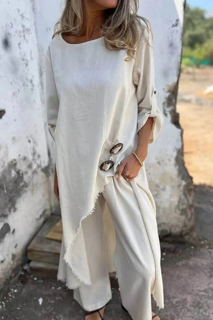 Casual Unique Irregular Button Decoration Robe Pocket Elastic Pants Set