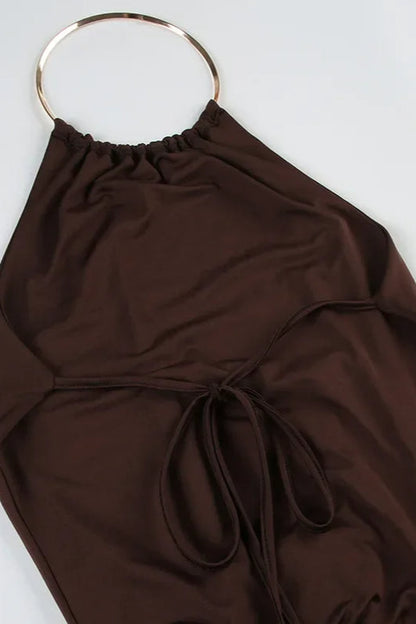 Halter Neck Metal Ring Draped Blouson Top Ruched Wrap Hem Mini Skirt Set