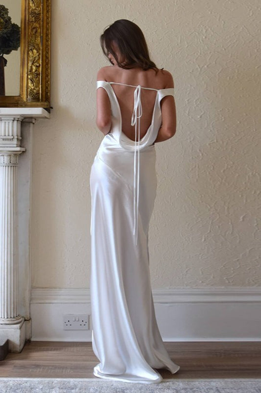 Sexy Off Shoulder Back Lace Satin Formal Dress