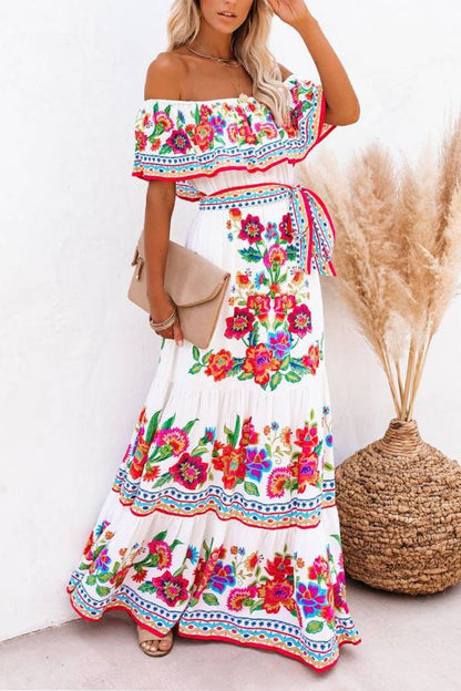 Off-shoulder printed long swing dress