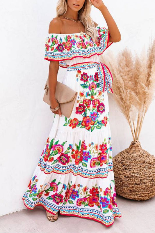 Off-shoulder printed long swing dress