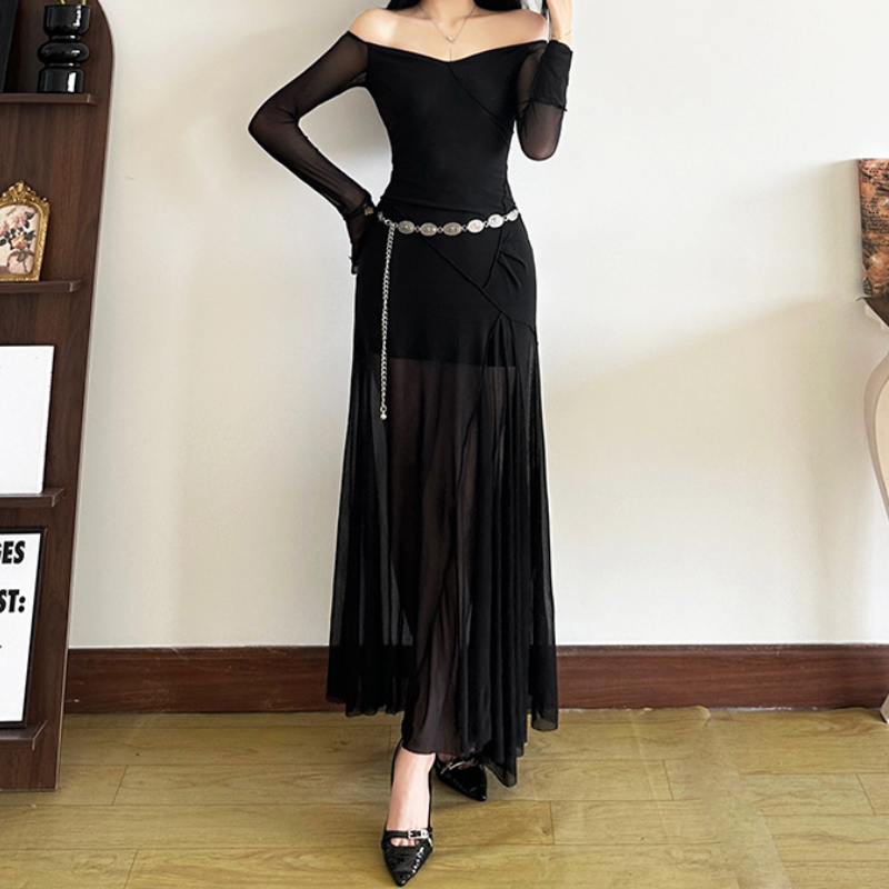 Long sleeve off shoulder mesh ruffle maxi dress