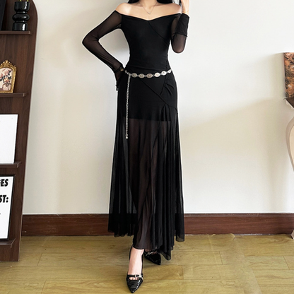 Long sleeve off shoulder mesh ruffle maxi dress