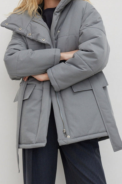 Longline Cotton Tie Waist Puffer Jacket