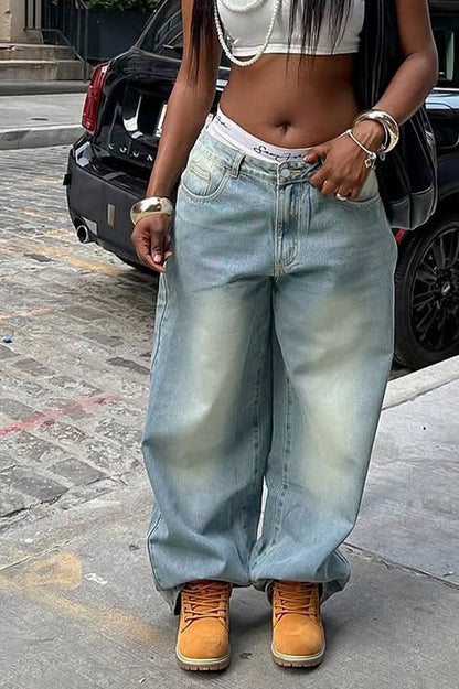 Vintage Washed Wide Straight  Jeans