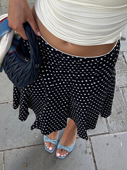 Black Vintage Polka Dot Ruffle Maxi Skirts