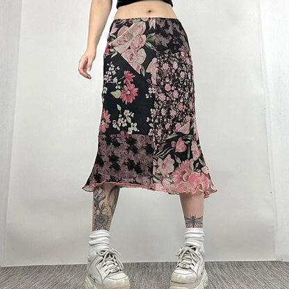Chic Floral Print Low Rise Patchwork Skirt