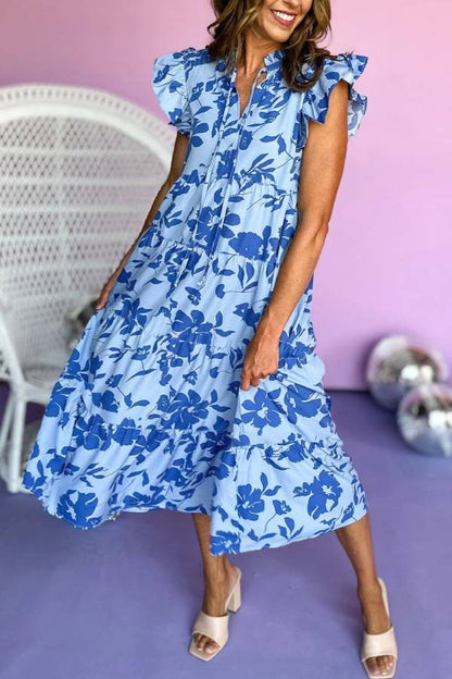 Sky Blue Floral Print Tiered Flutter Sleeve Maxi Dress