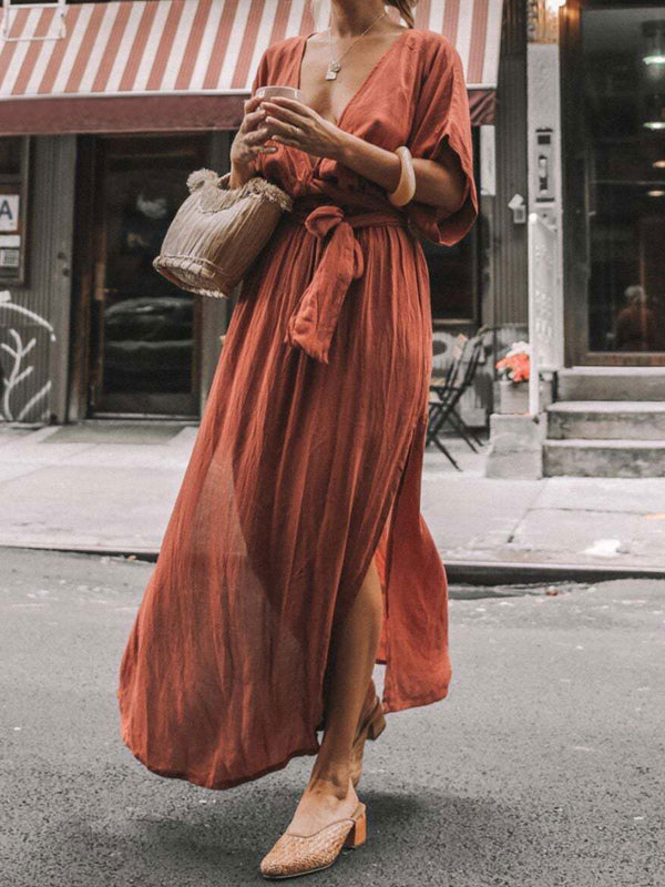 Deep V Neck Maxi Dress for Women - Boho Kimono Half Sleeve Belted Side Slit Kaftan Dress - Summer Beach Vacation 2026