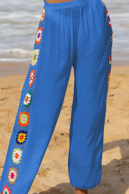 Dimarco Linen Blend Colorful Crochet Flower Patchwork Stretch Waist Wide Leg Pants