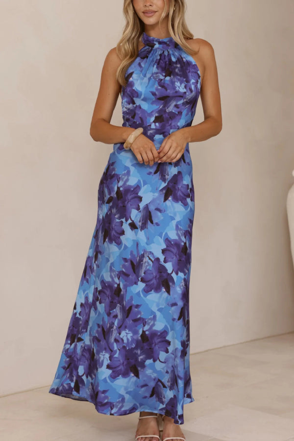 Floral Print Sleeveless Halter Neck Tie Holiday Maxi Dress