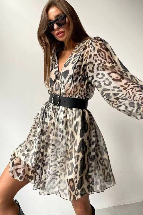 Print Pointed Collar Puff Sleeve Button Front Ruffle Hem Mini Dress