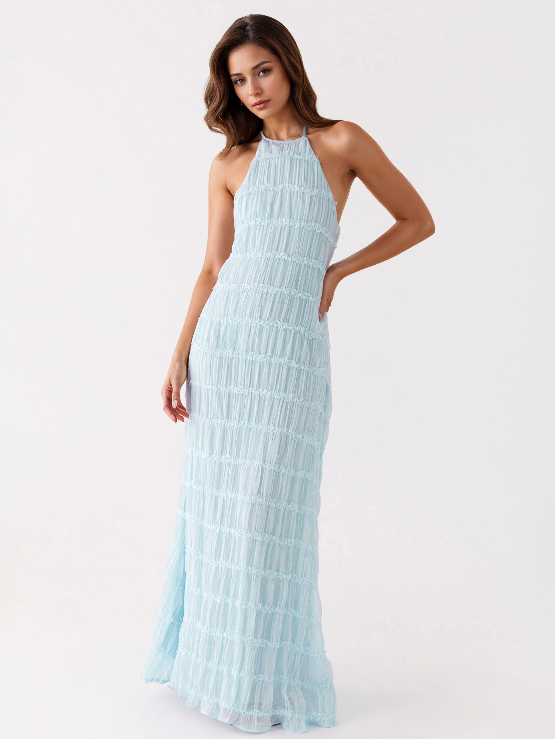 Halter Neck Pleated Maxi Dress for Women - Boho Ruched Backless Sleeveless Tiered Long Sundress - Summer Beach Event 2026