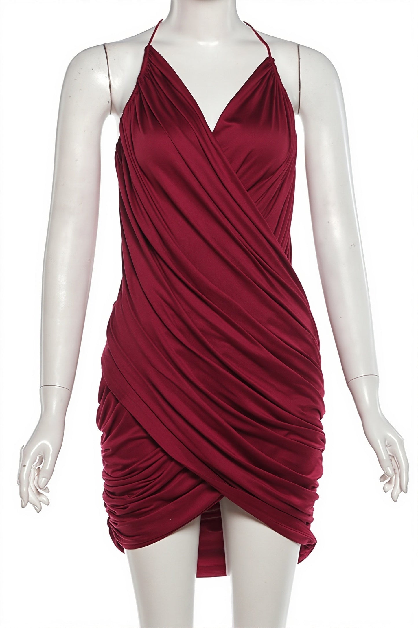 Ruched Draped Halter Plunge V-Neck Wrap Mini Dress