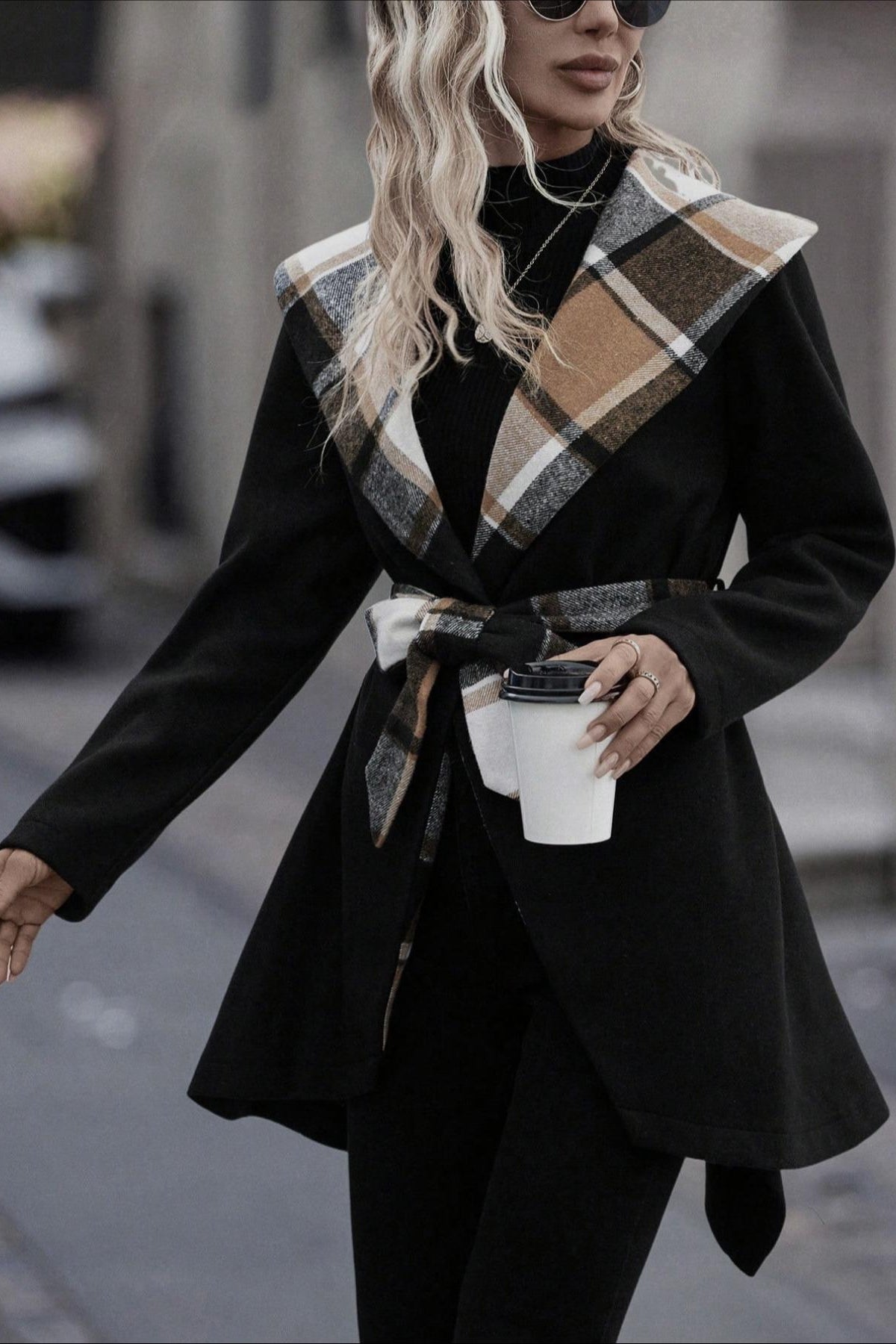 Plaid Patchwork Belted Wool Coat
