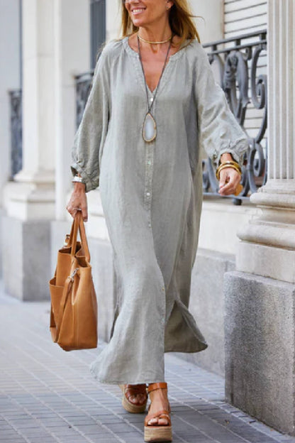 Solid Linen Blend Casual V Neck Balloon Sleeve Maxi Dress