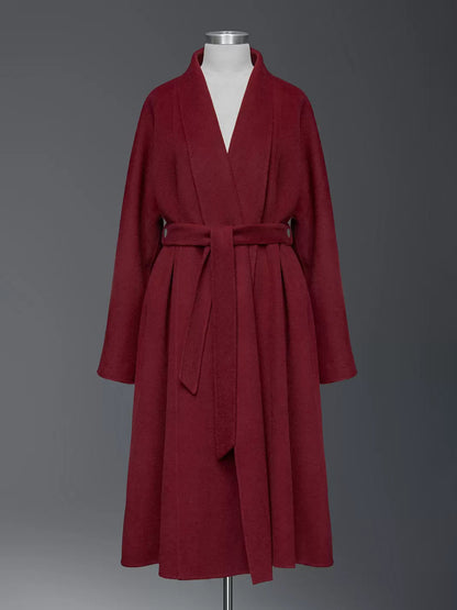 Burgundy Wool Cashmere Blend Wrap Coat For Woman Lapel Elegant Belted Double-Faced Winter Outerwear 2026