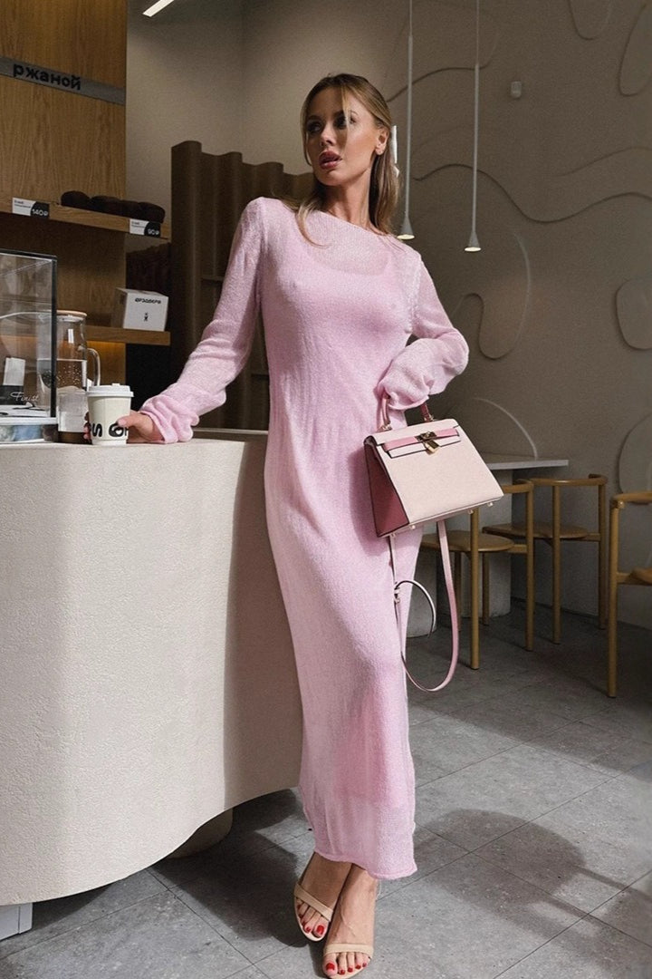Hollow Out Pink Bodycon Knit Maxi Dress