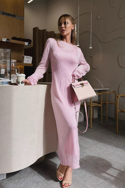 Hollow Out Pink Bodycon Knit Maxi Dress