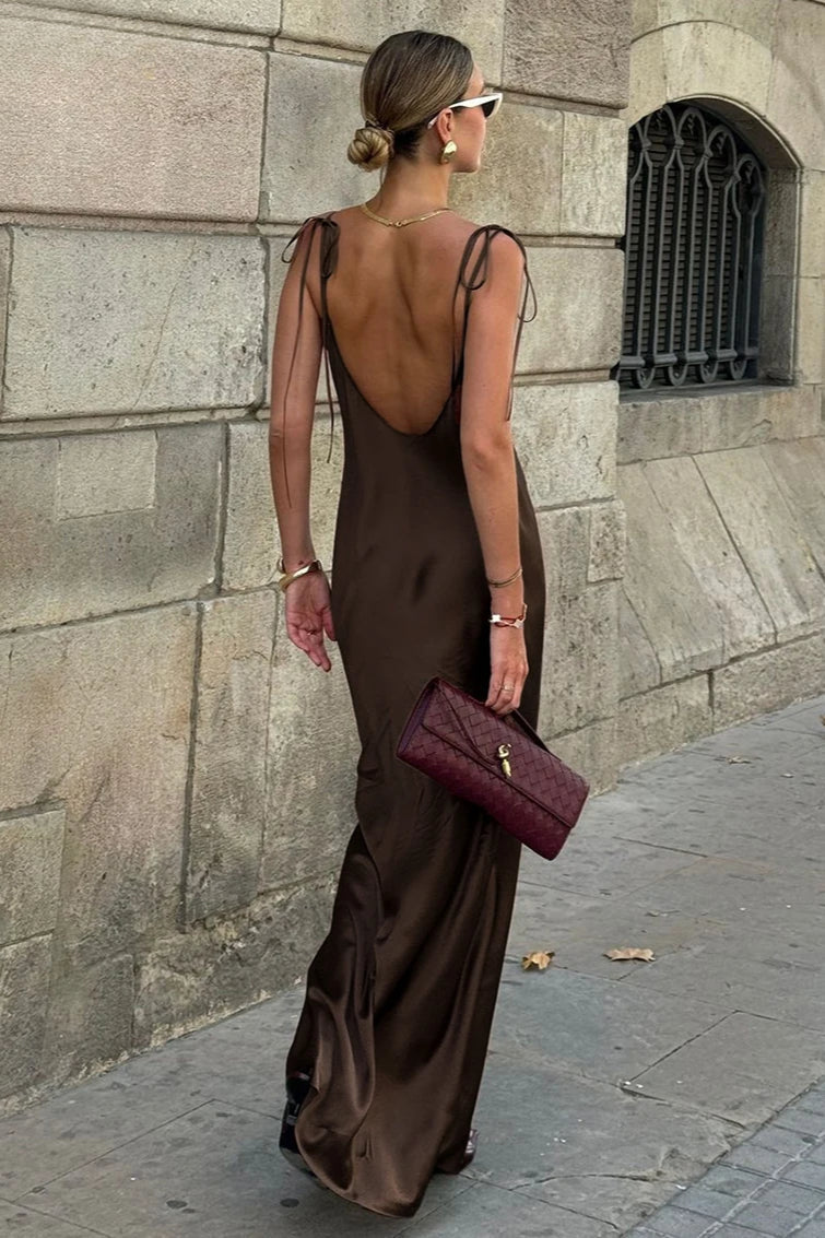 Bow Tie Spaghetti Strap V-Neck Relaxed Satin Slip Midi Dress