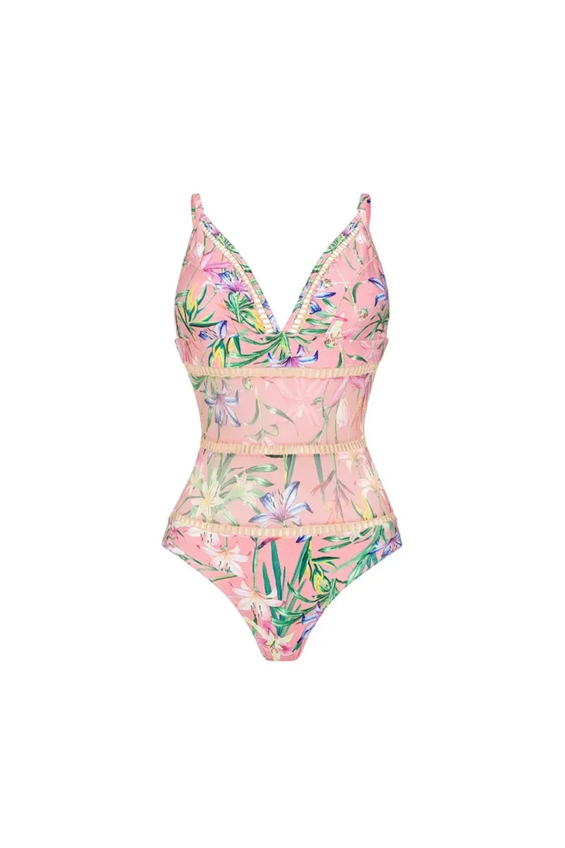 Mesh Patchwork Printed Swimsuit Set