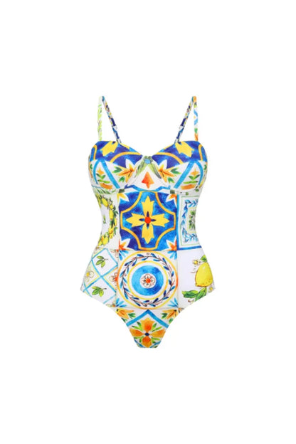 Lemon Print Backless One Piece Swimsuit Set