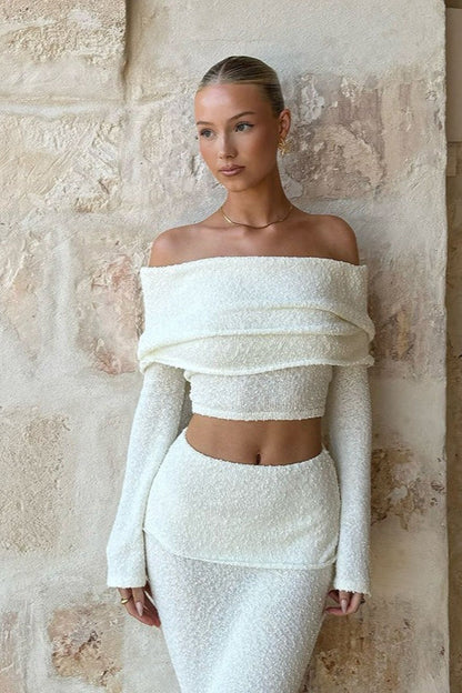 Sexy Off-Shoulder Cropped Top High-Waisted Solid Skirt Two Piece Set