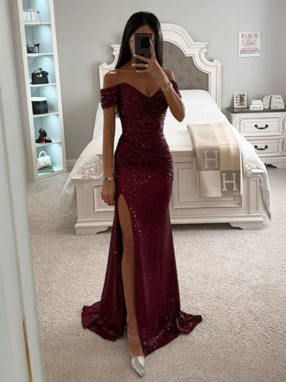 Sequin Maxi Gown With Off-Shoulder And High-slit For Formal Events 2026
