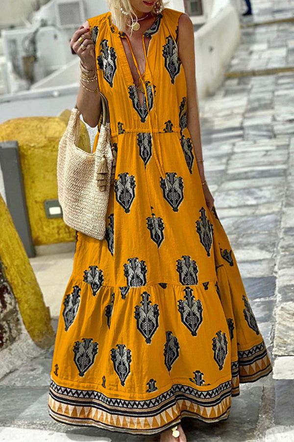 Elegant Sleeveless Mid Length Bohemian Print Dress