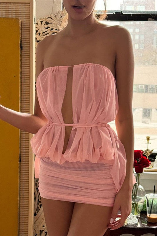 Sheer Mesh Keyhole Cutout Bandeau Ruched Bodycon Skirt Set