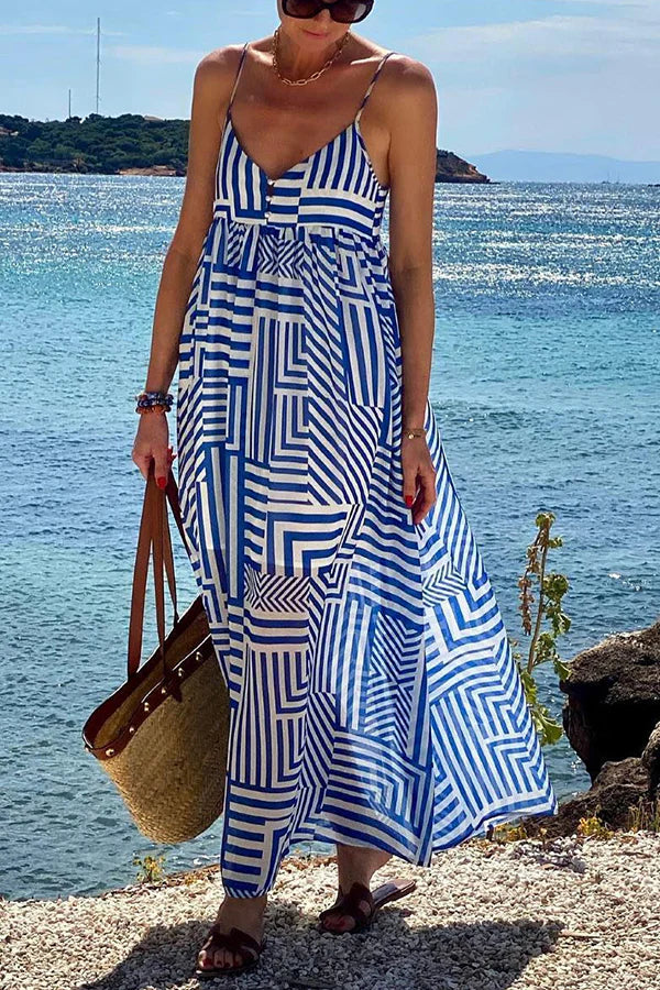 Sunday Blues Irregular Lines Print Suspender Vacation Loose Maxi Dress
