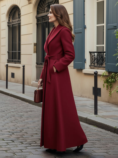 Woolen Belted Maxi Coat With Shawl Collar And Double-breasted For Women 2026
