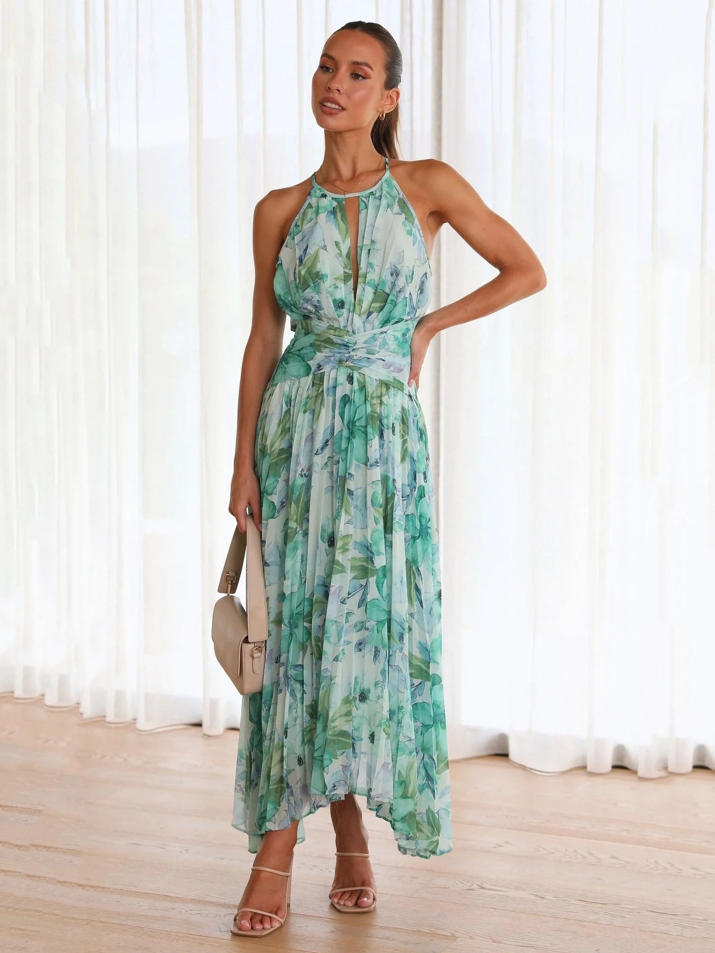 Print Maxi Dresses Floral Sleeveless Halter Elegant Layered Pleated Backless Long Summer Dresses