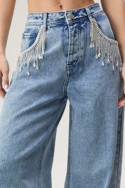 Fringe Chain Detail Denim Jean