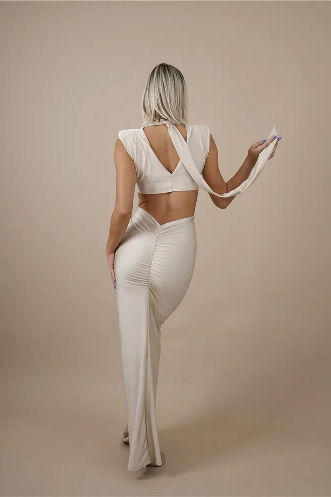 Mock Neck Padded Shoulder Twist Cut Out Waist Ruched Bodycon Midi Dress