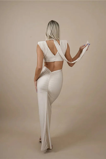Mock Neck Padded Shoulder Twist Cut Out Waist Ruched Bodycon Midi Dress