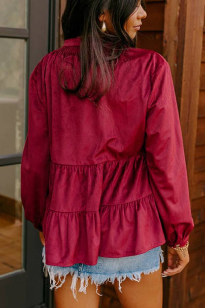 Burgundy Smocked Ruffle Tiered Button-up Shirt