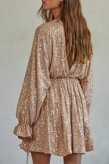 V Neck Balloon Sleeves Backless Drawstring Sequin Dress