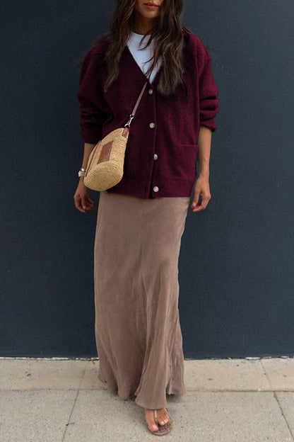 Solid Color V-Neck Button Casual Pocket Knit Cardigan